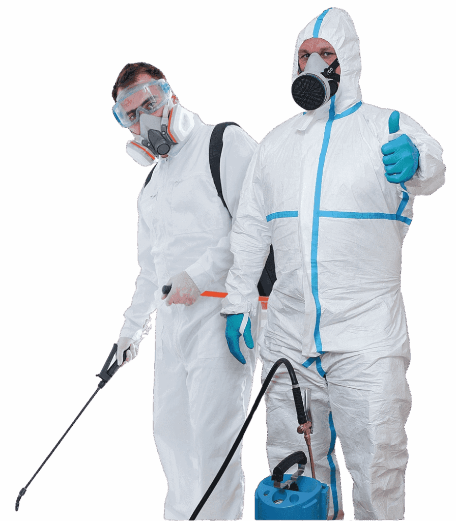 Effets’ de désinsectisation professionnels, techniciens en tenue de protection anti-piqûres contre les nuisibles, désinsectation et extermination de punaises de lit, blattes, fourmis, et autres nuisibles.