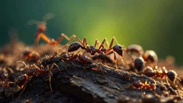 Fourmis sur un morceau de bois, élimination de nuisibles, service professionnel, rongeurs et insectes, prévention et contrôle des infestations.