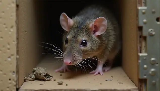 Rongeur domestique dans une boîte en carton, représentant un service de lutte contre les rongeurs.