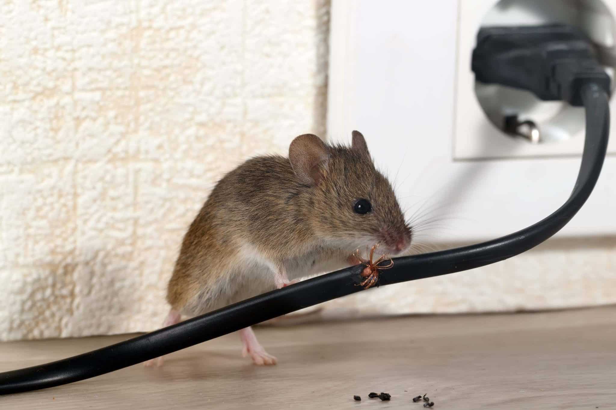 Raton avec un parasite accroché à sa patte près d'une prise électrique, extermination de nuisibles, contrôle des rats, pest control professionnel, élimination des rongeurs.