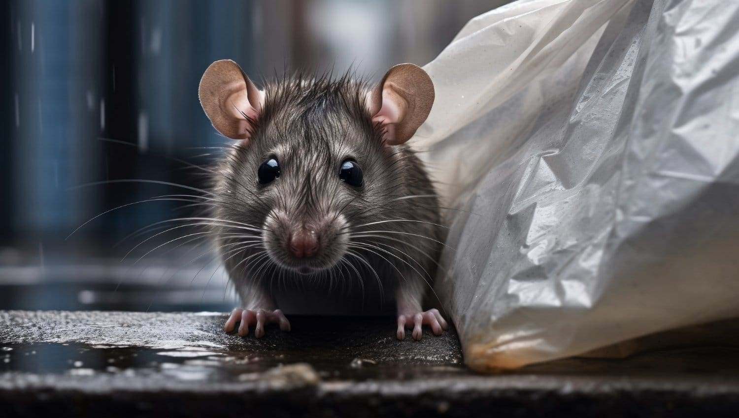 Rongeur souris de laboratoire avec pelage humide et oreille visible, recherchant de la nourriture ou un emplacement sécurisé, dans un environnement industriel ou de laboratoire.
