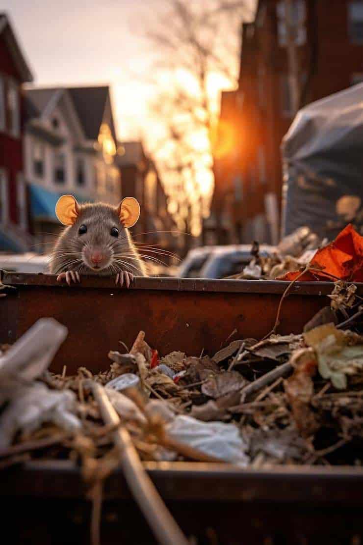 Rongeur dans une poubelle avec déchets urbains au coucher du soleil, service d'extermination SOS extermination, contrôle des rongeurs, élimination des nuisibles, gestion des infestations de rats, solution anti-rongeurs, désinsectisation et dératisation, intervention rapide, service professionnel, élimination efficace des rongeurs, sécurité et hygiène.