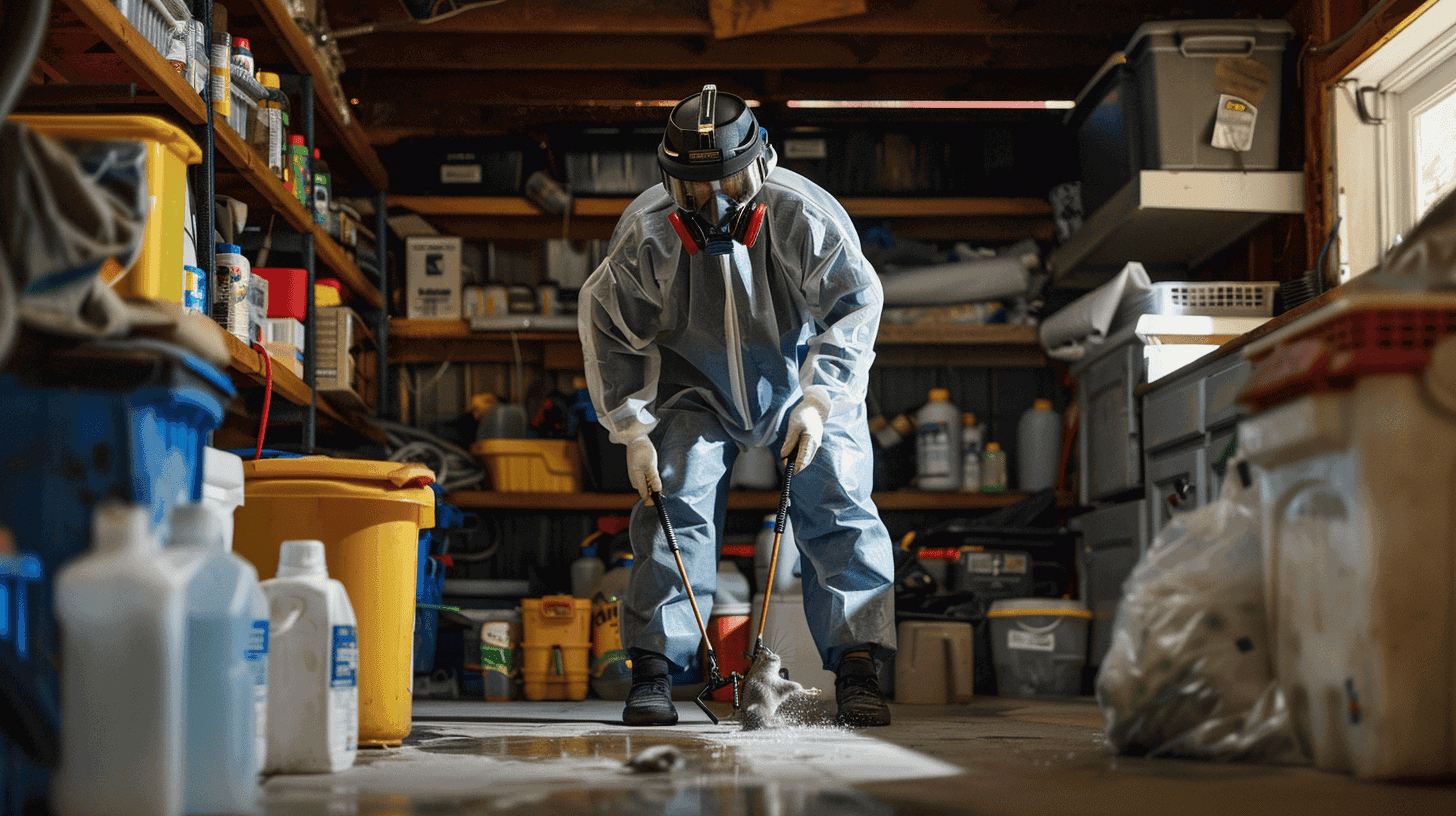 Exterminateur en action dans un hangar pour éliminer les nuisibles, utilisant des équipements professionnels pour assurer la sécurité et la propreté. Un service spécialisé en extermination à domicile et commerciale.